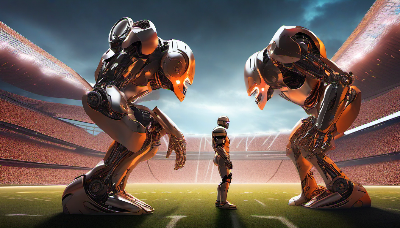 Two AI robots facing off in a Super Bowl stadium