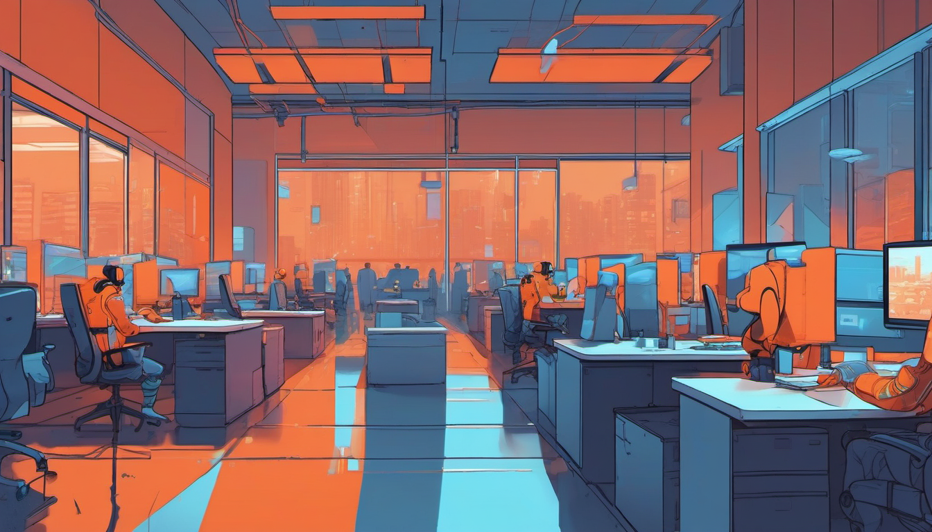 Block AI Purge - Corporate office with AI replacing workers