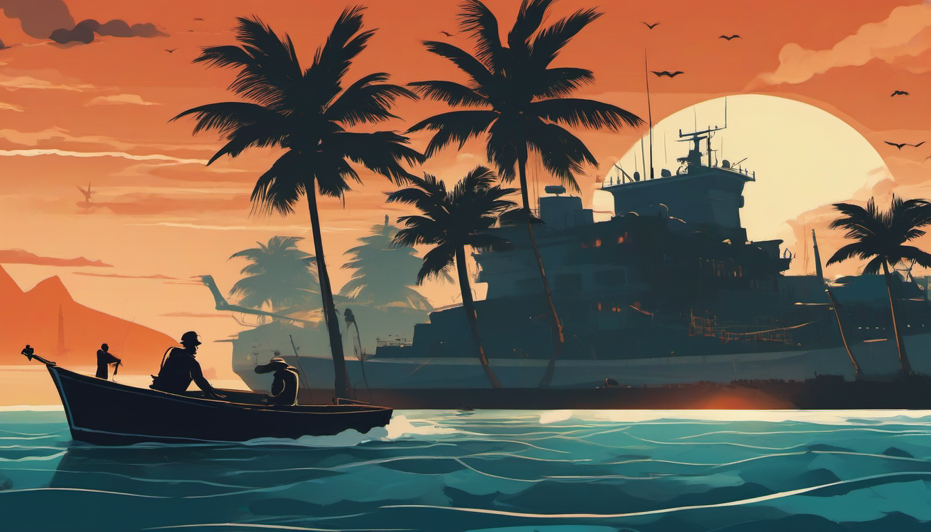 Caribbean Sea with US warship and fishing boat illustration