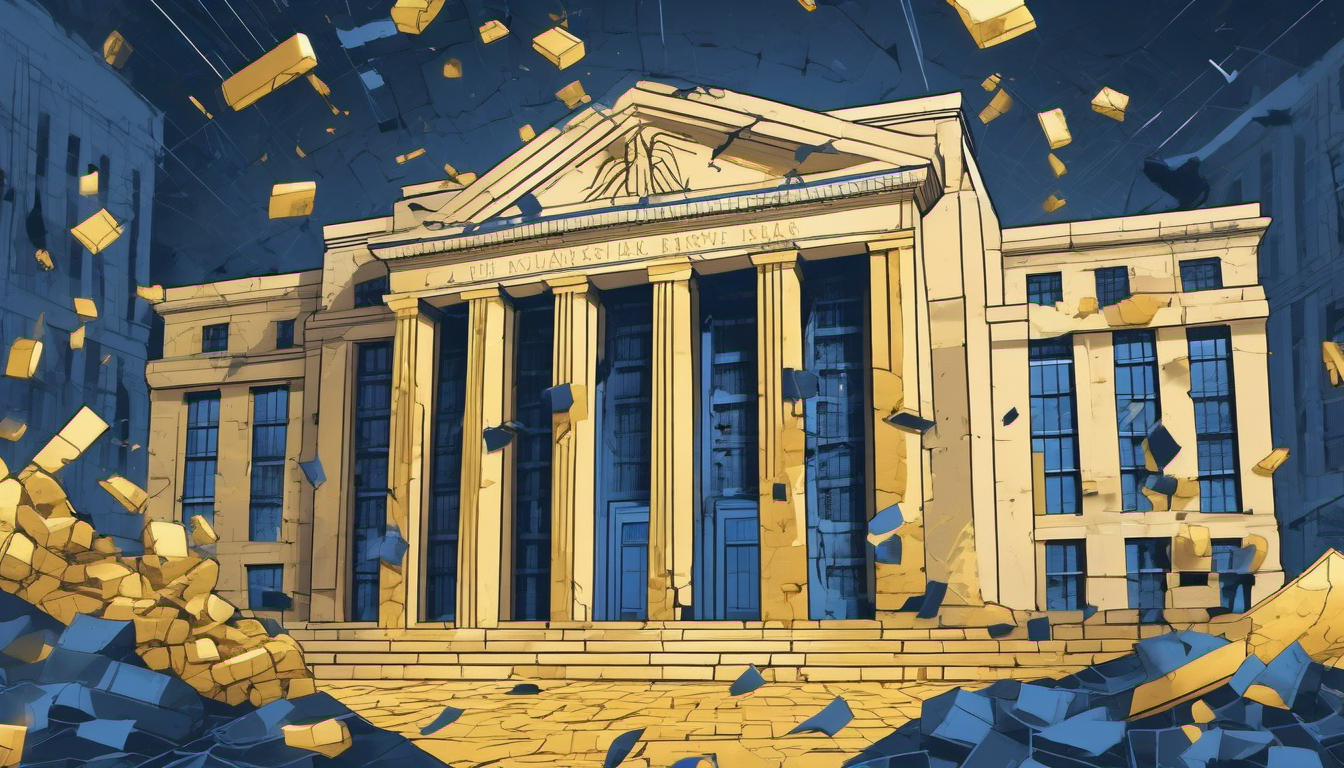 Federal Reserve building fragmenting into AI neural network patterns