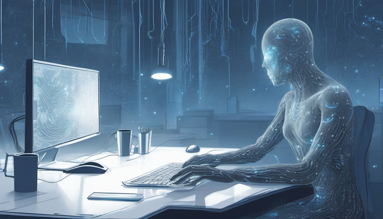 AI ghost in corporate office, digital illustration