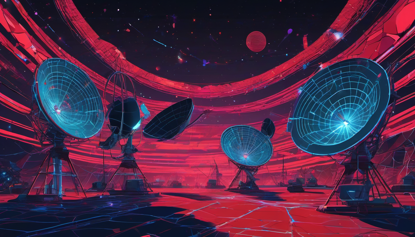 Satellite dishes and space ground stations across South America with competing data streams
