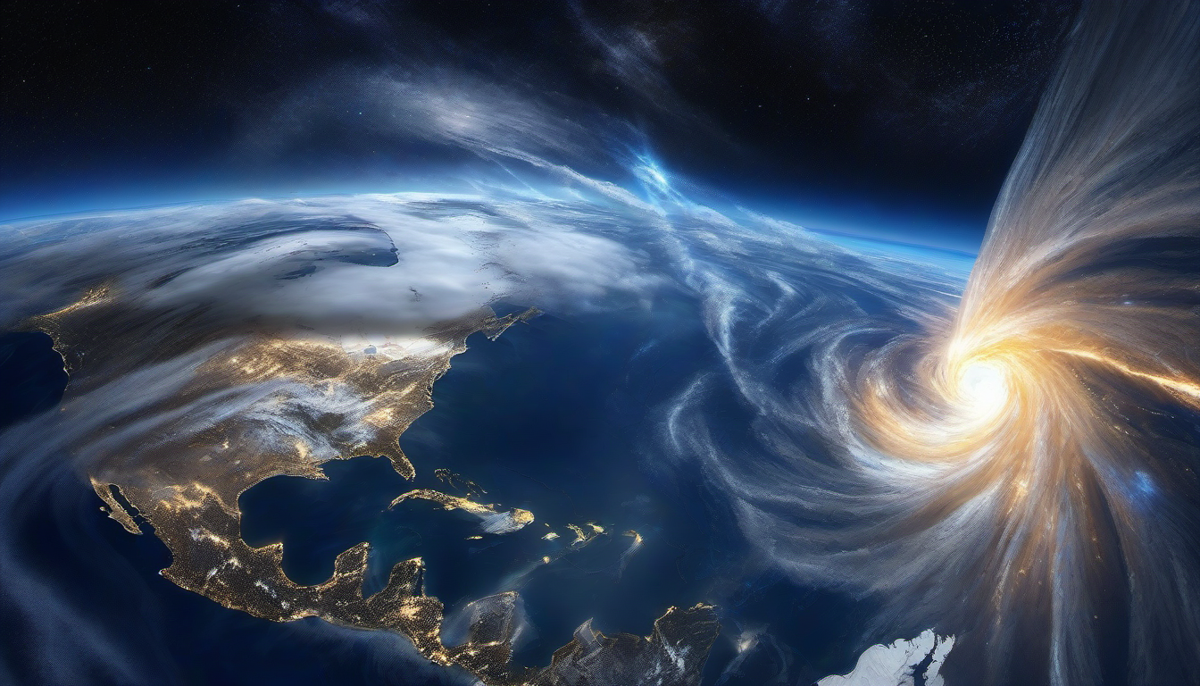 Polar vortex collapse illustration - Arctic cold air spiraling into North America