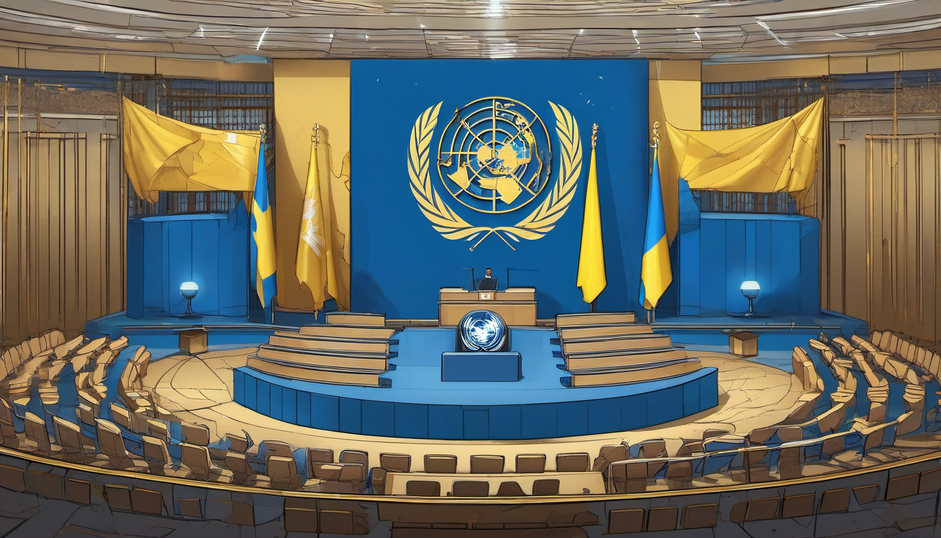 UN General Assembly hall illustration showing diplomatic fracture over Ukraine sovereignty