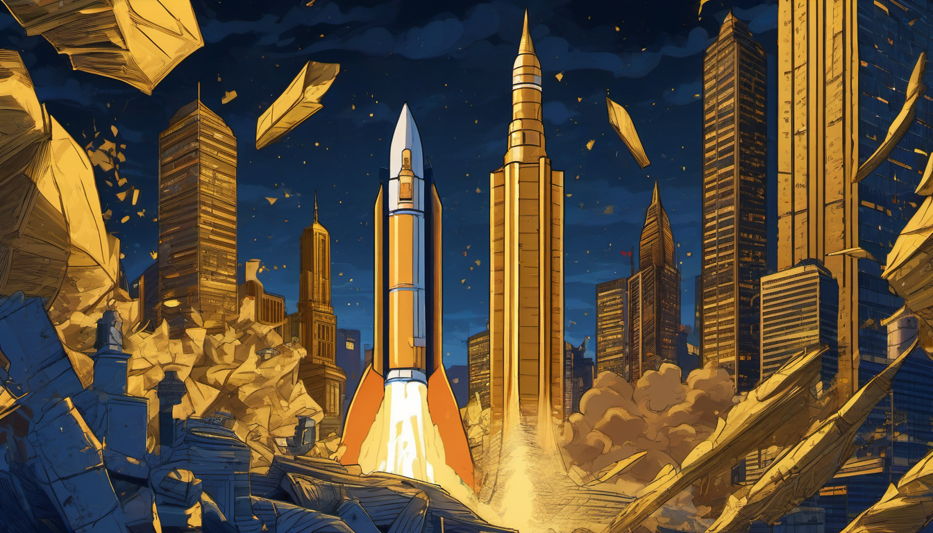 SpaceX rocket launching from golden stock certificates