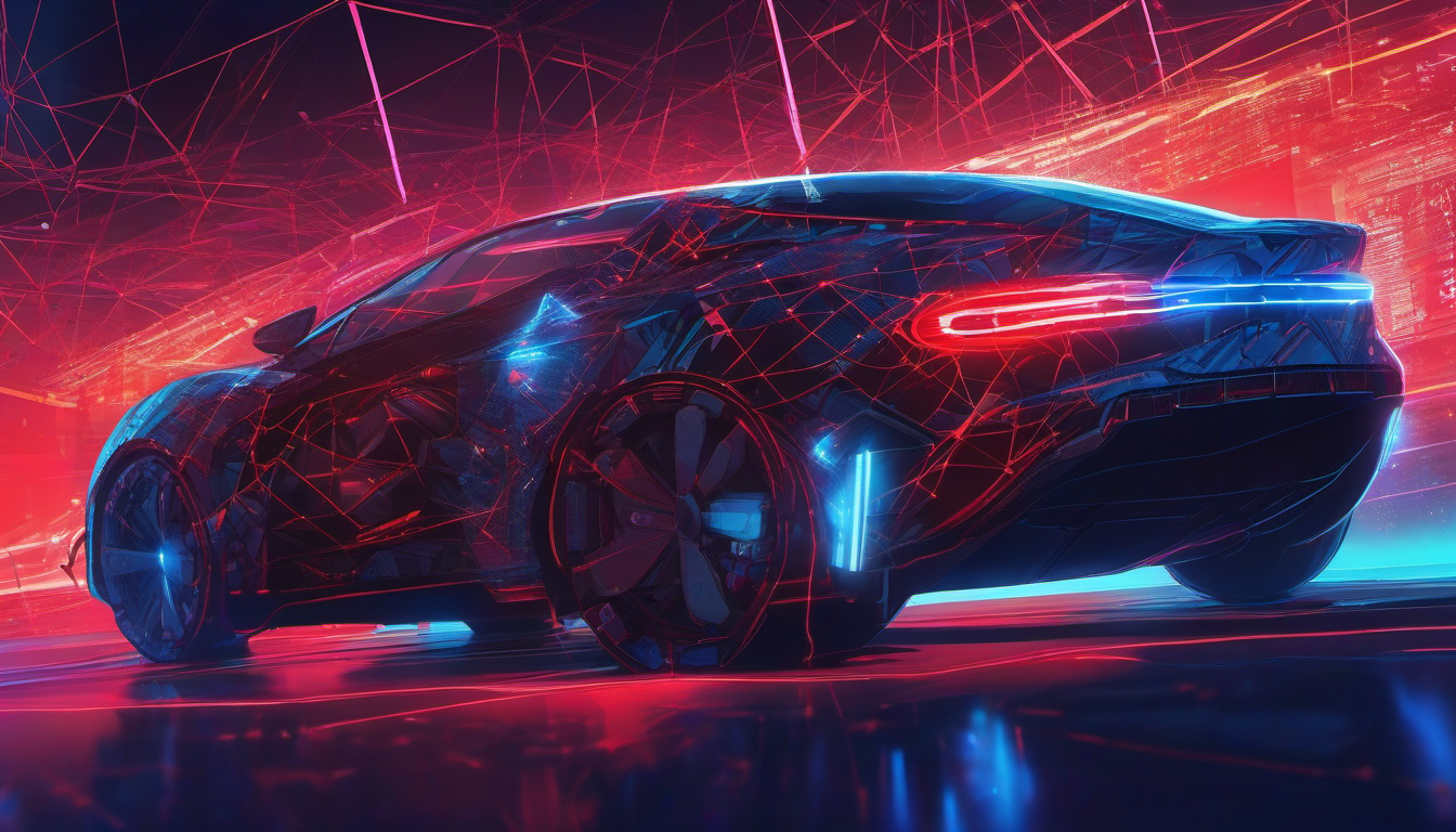Digital illustration of a connected car with data streams representing automotive espionage