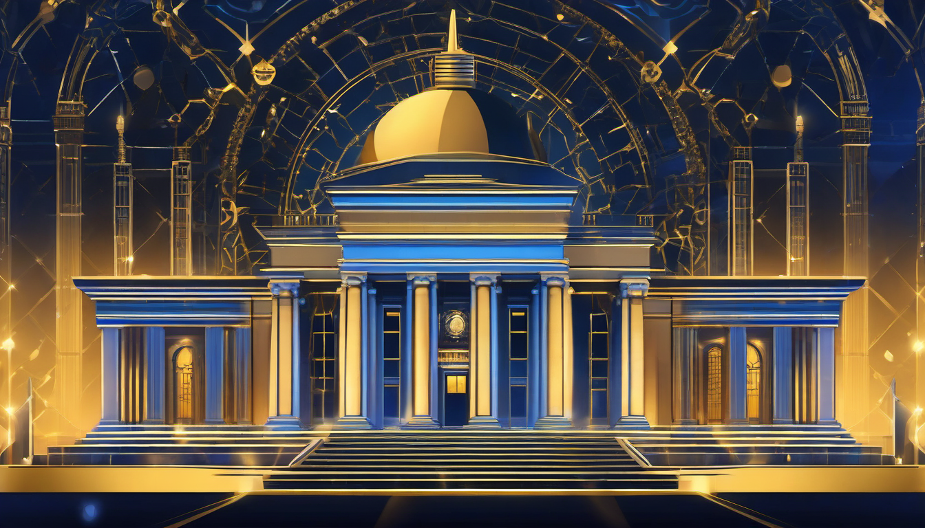 Digital illustration of courthouse with blockchain networks and dollar symbols