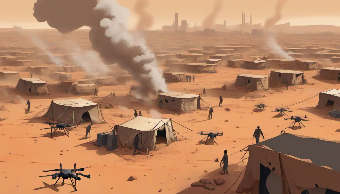 Aerial view of war-torn Sudan with military drones