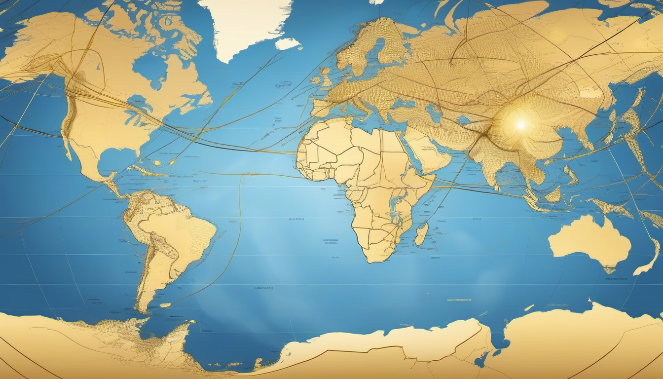 Illustration of glowing global trade routes connecting Latin America, Middle East, and Southeast Asia