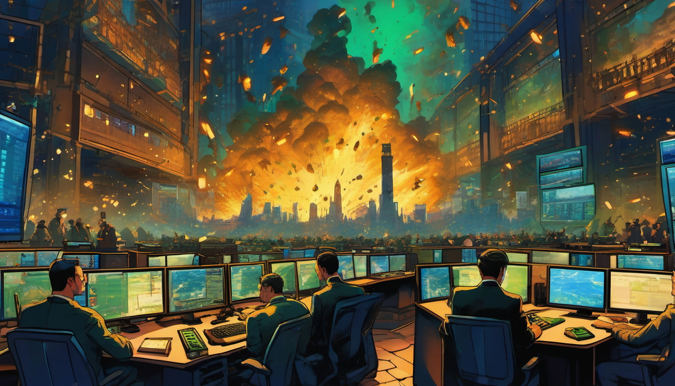 Wall Street trading floor split with warzone - market calm amid geopolitical chaos