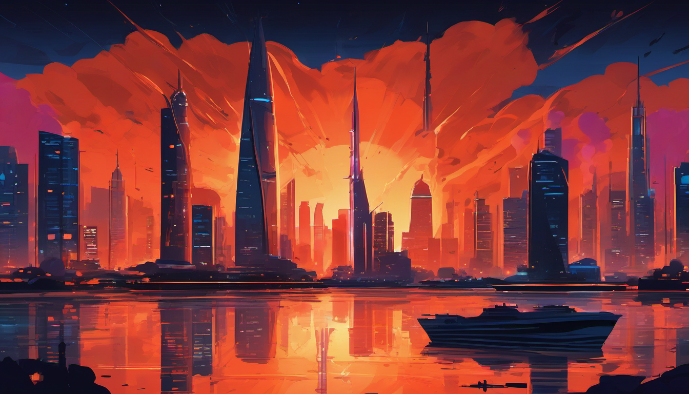 Gulf city skyline with missile defense interceptors and smoke