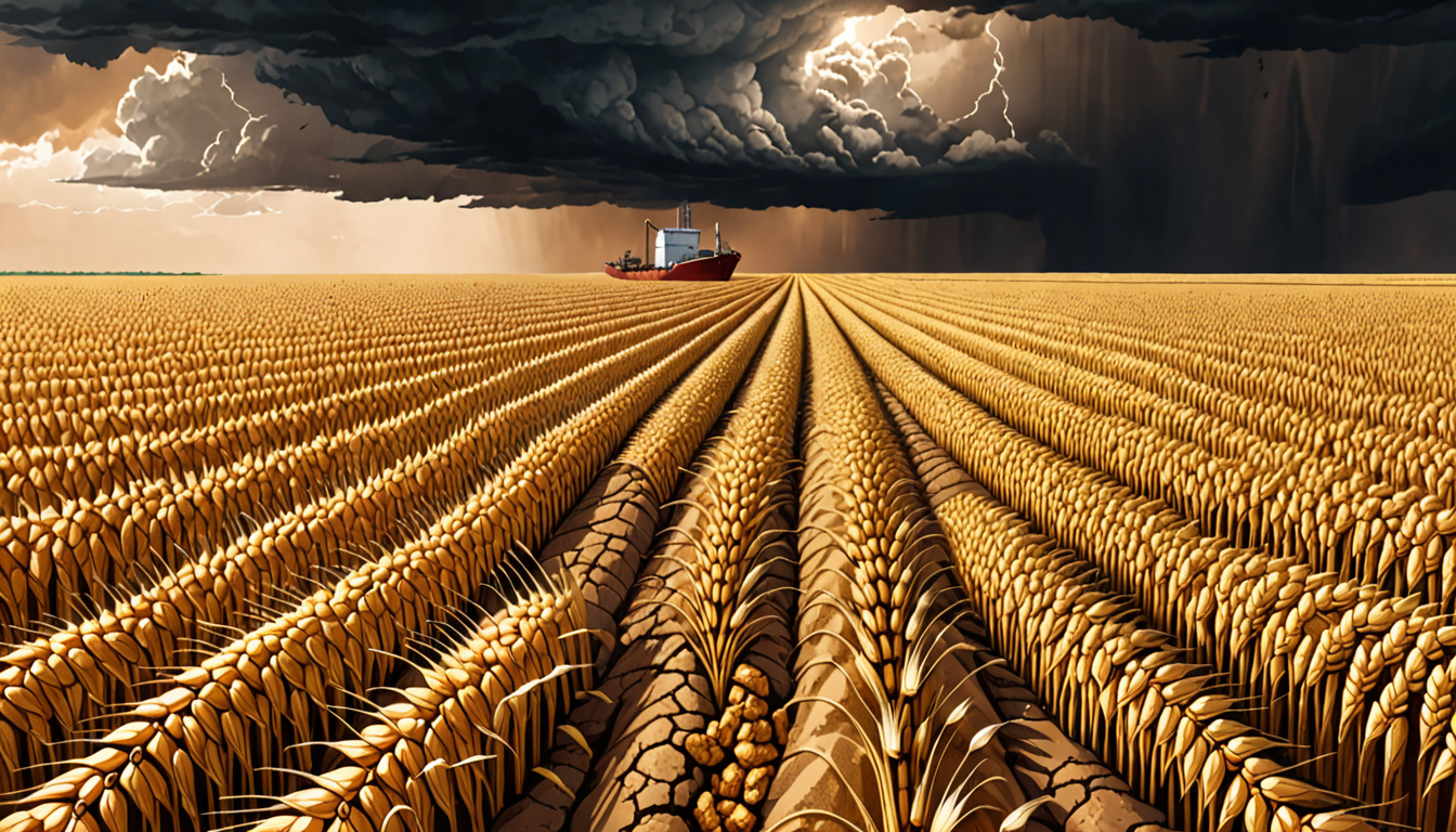 Global fertilizer crisis illustration showing barren fields and trapped shipping