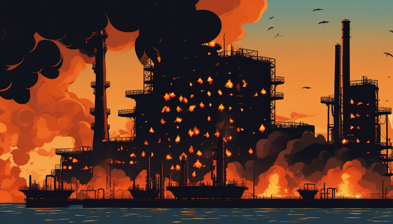 Oil refinery engulfed in flames from drone strike illustration