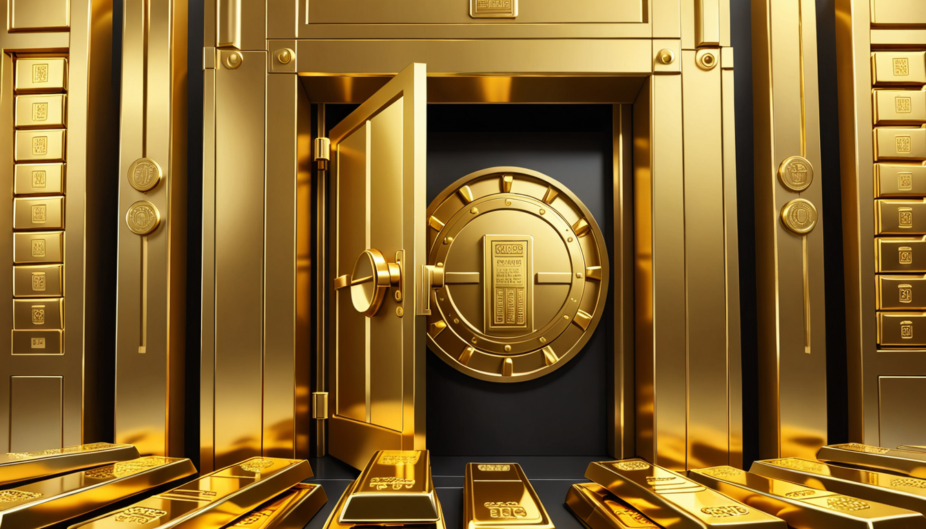 Gold bars in vault with central bank symbols