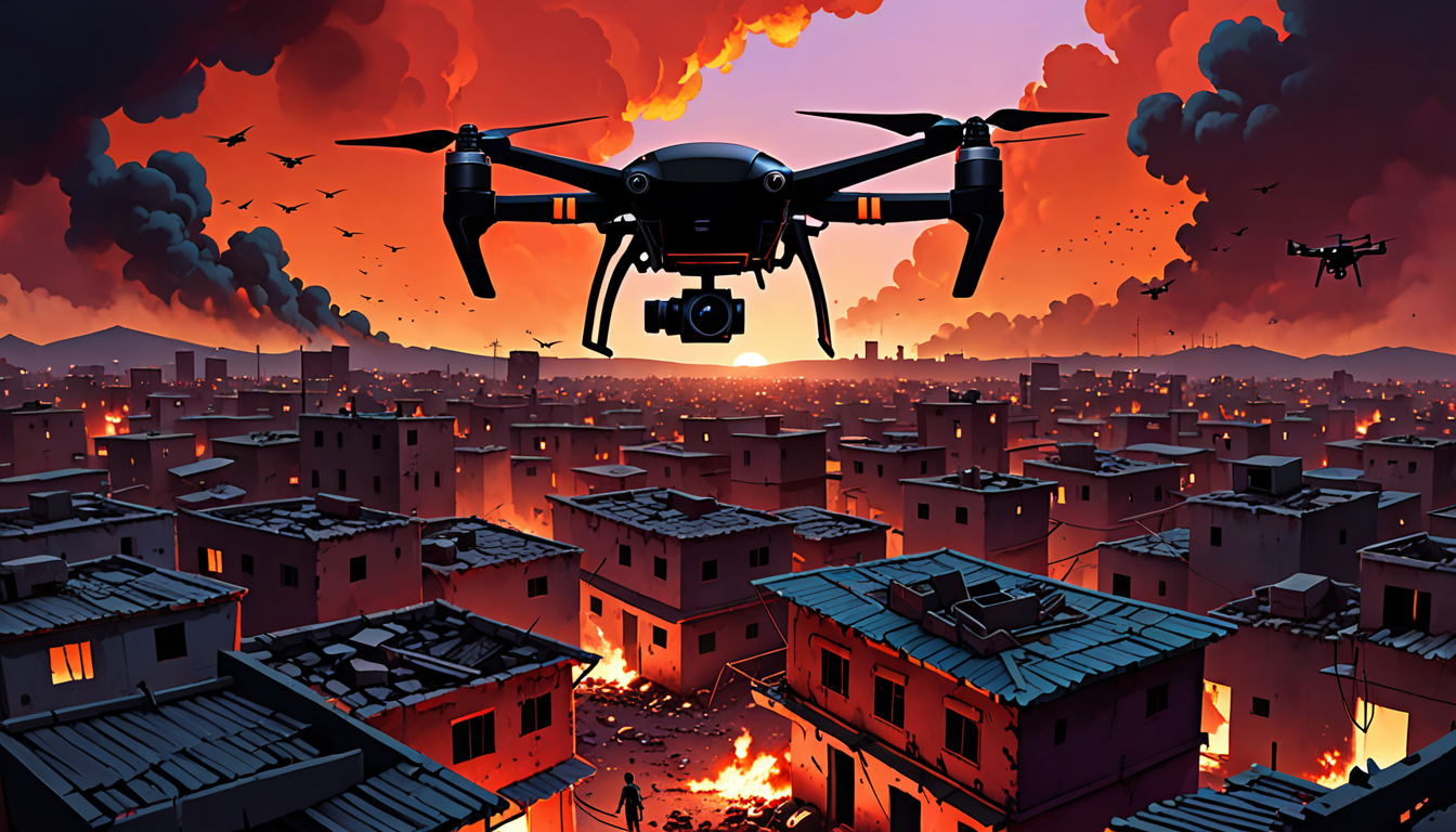 Quadcopter drone hovering over Port-au-Prince slum