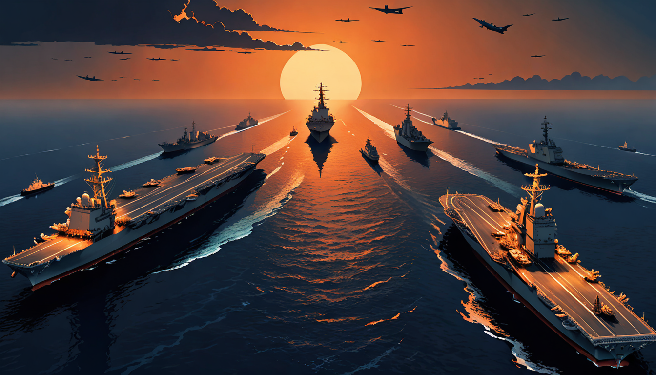 US Navy warships controlling the Strait of Hormuz - editorial illustration