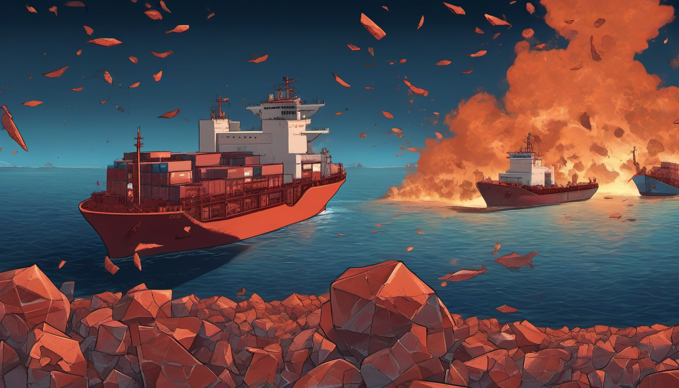Illustration of ships frozen in the Strait of Hormuz as insurance documents disintegrate