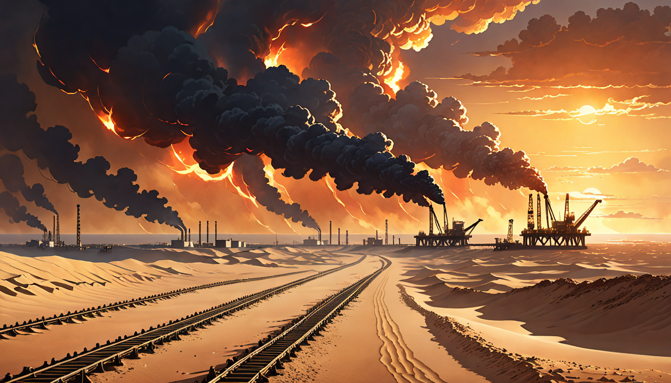 Oil pipelines stretching across desert toward Mediterranean port with flames from offshore gas platforms