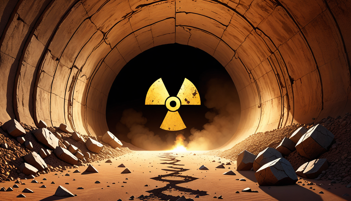 Illustration of a cracked nuclear symbol over an underground tunnel in a desert, symbolizing the IAEA verification crisis in the Iran war