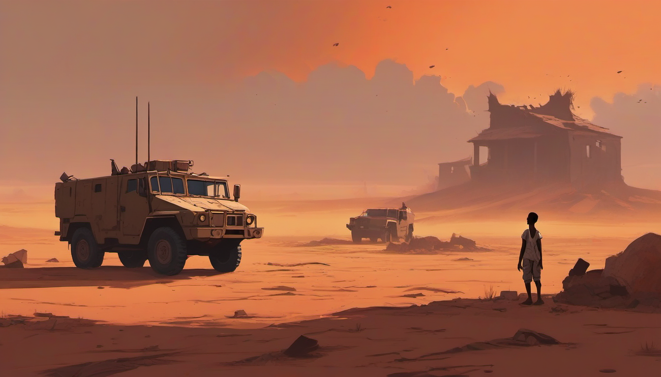 South Sudan crisis illustration - desolate landscape with distant smoke
