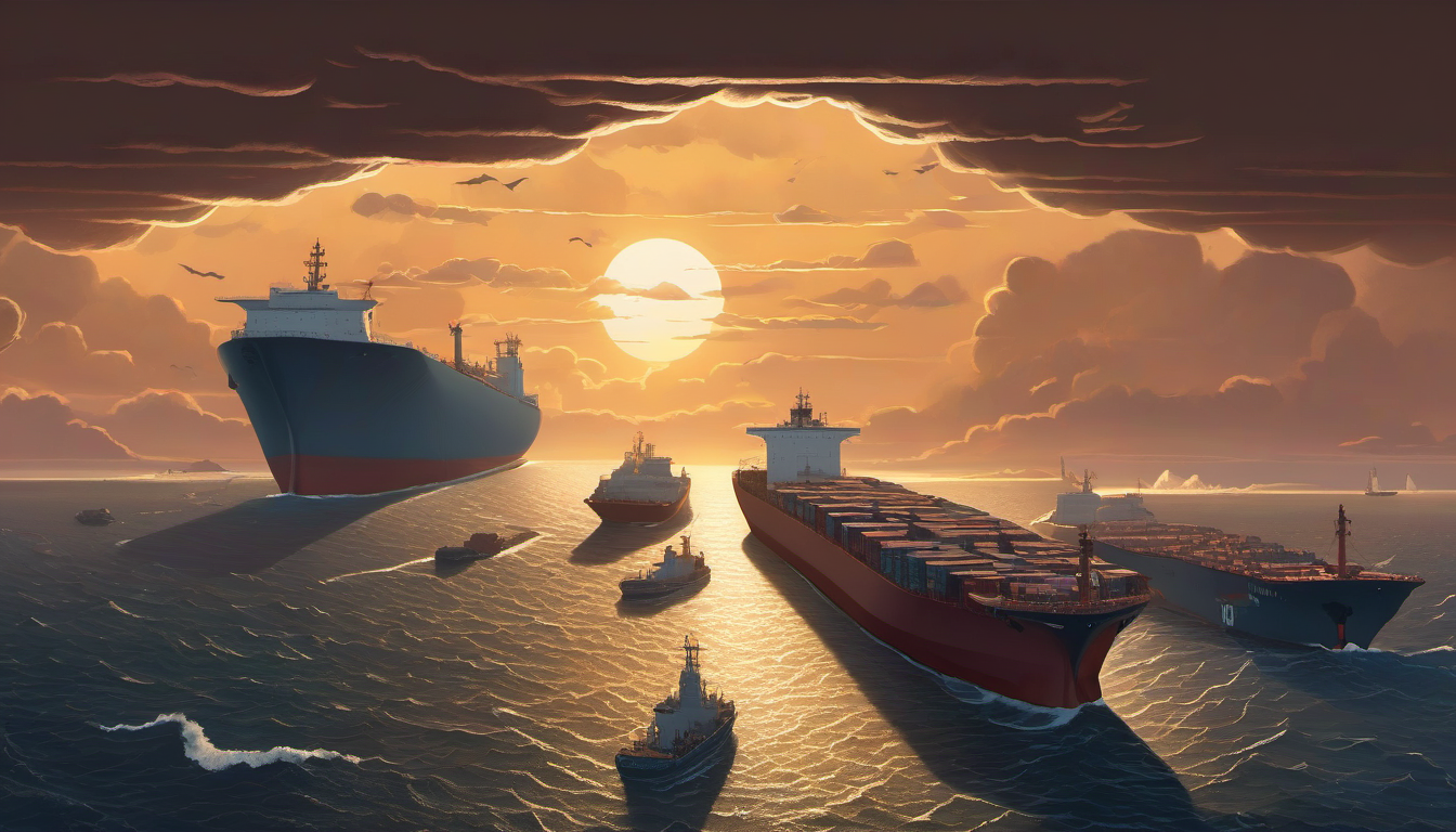 Illustration of cargo ships queued at the Cape of Good Hope during the triple strait crisis