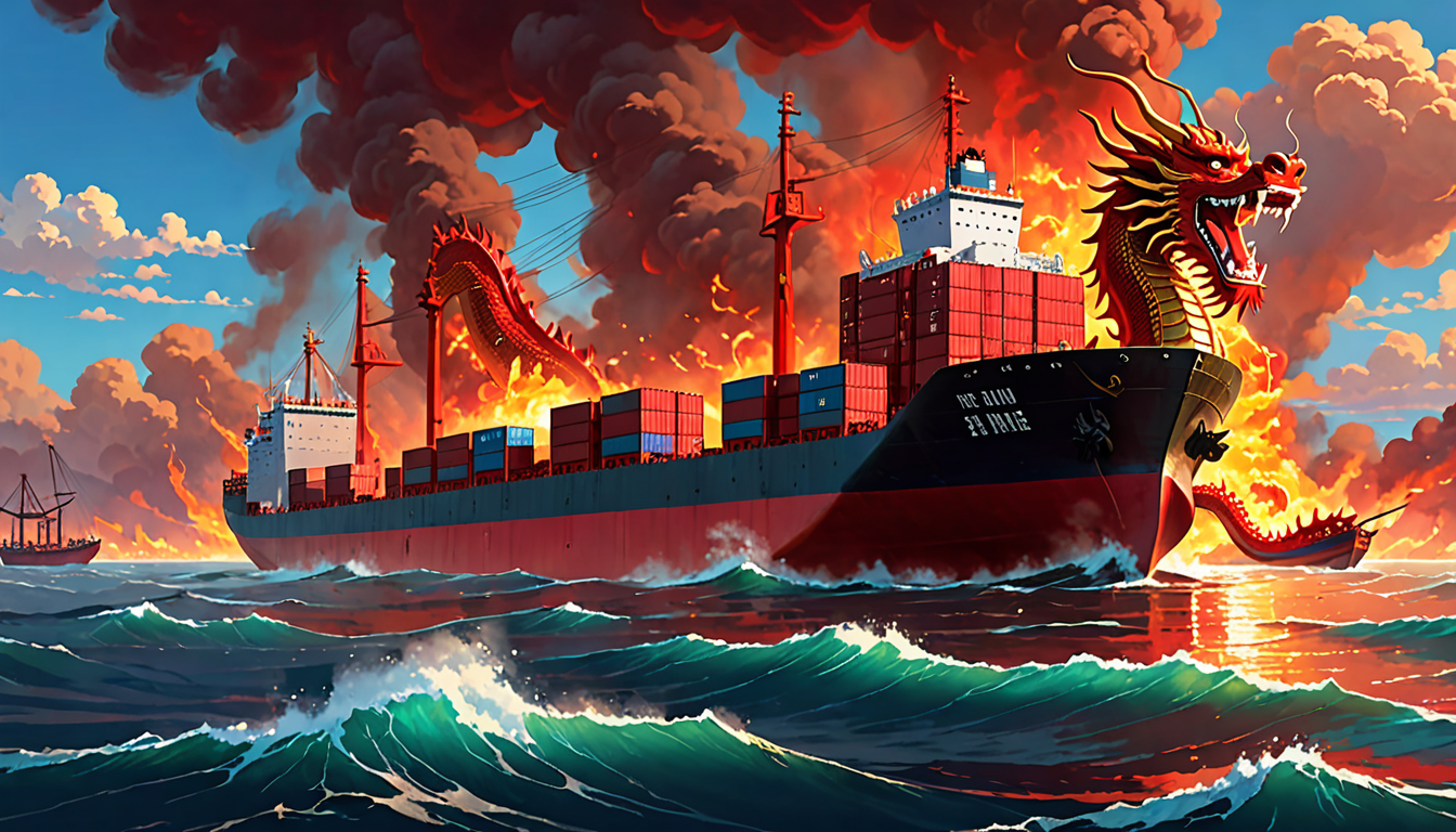 Chinese cargo ship sailing through calm waters with distant fires symbolizing trade dominance amid global conflict