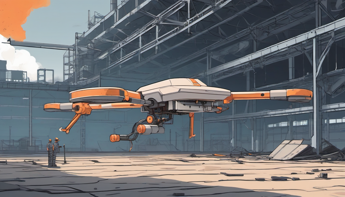 A drone hovering above an empty factory floor with AI patterns in the sky