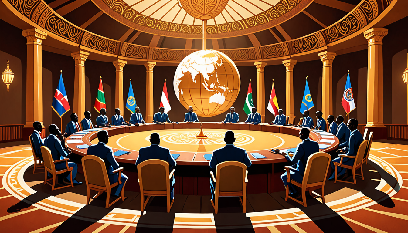 Trade ministers from 166 countries gather around a circular table with a cracked globe, symbolizing the fractured multilateral trading system